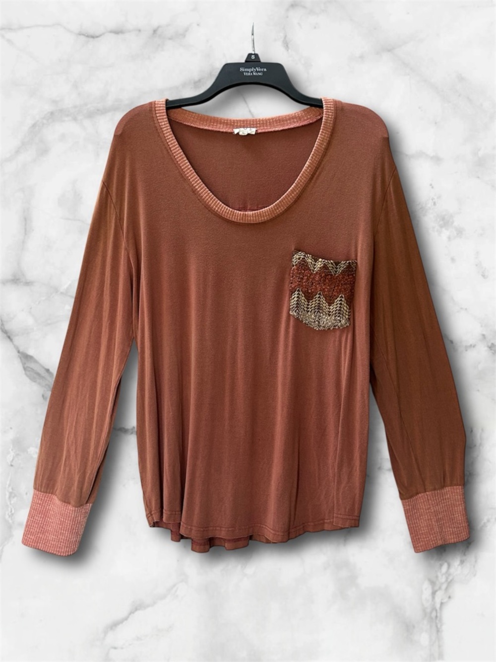 POL Boho Knit Chevron Pocket Long Sleeve Top Terracotta Rust Western Size L - Picture 2 of 9